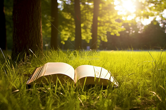 书放在草地上图片