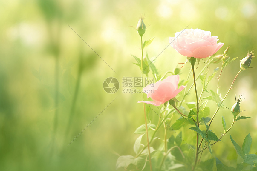 草地上的粉红花朵图片