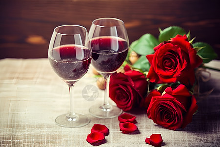 桌子上的玫瑰和红酒图片