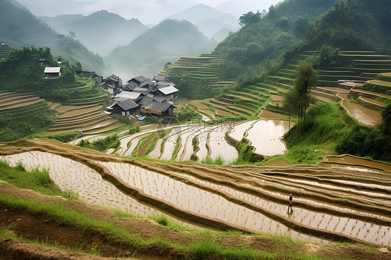 农田与村落图片