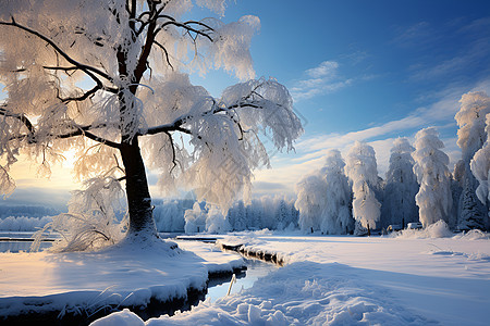 树林中的冰雪和河流图片