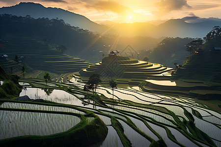 稻田上的夕阳图片