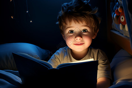 小男孩在卧室看书图片