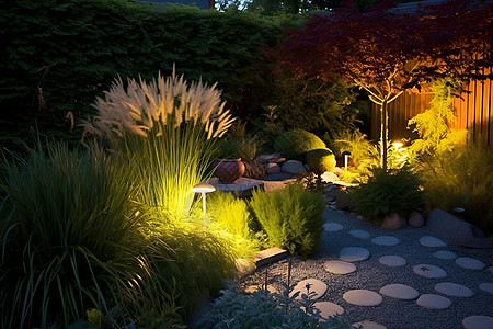 夜幕下的庭院花园景观图片