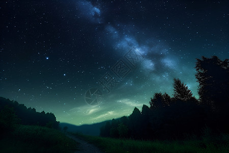 星空下的森林之路背景图片