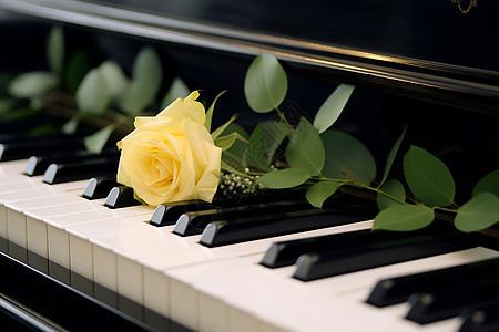 钢琴上的玫瑰花朵背景图片