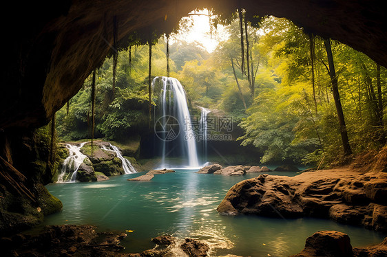 绿意盎然的丛林洞穴景观图片