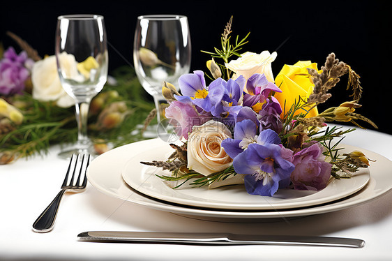 餐桌上的花束和餐具图片