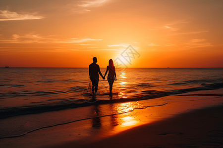 沙滩夕阳下的情侣图片