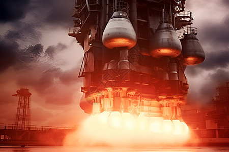 烟雾腾腾的火箭发动机发射场景背景图片