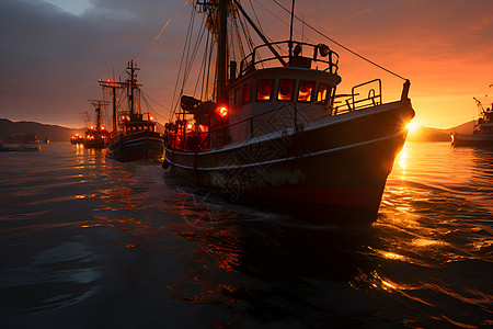 夕阳下的渔船世界图片