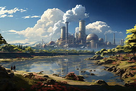 未来派城市的工业发电厂背景图片