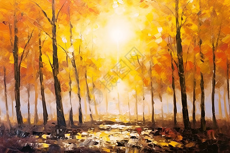 林间金黄的树木油画背景图片