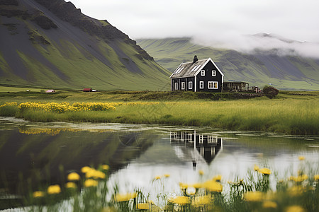 湖畔边的小屋建筑图片