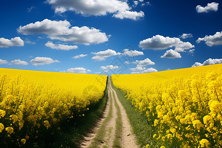 油菜花中的泥土道路图片