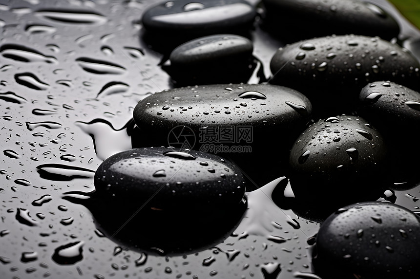 雨水滴答的黑色石头图片
