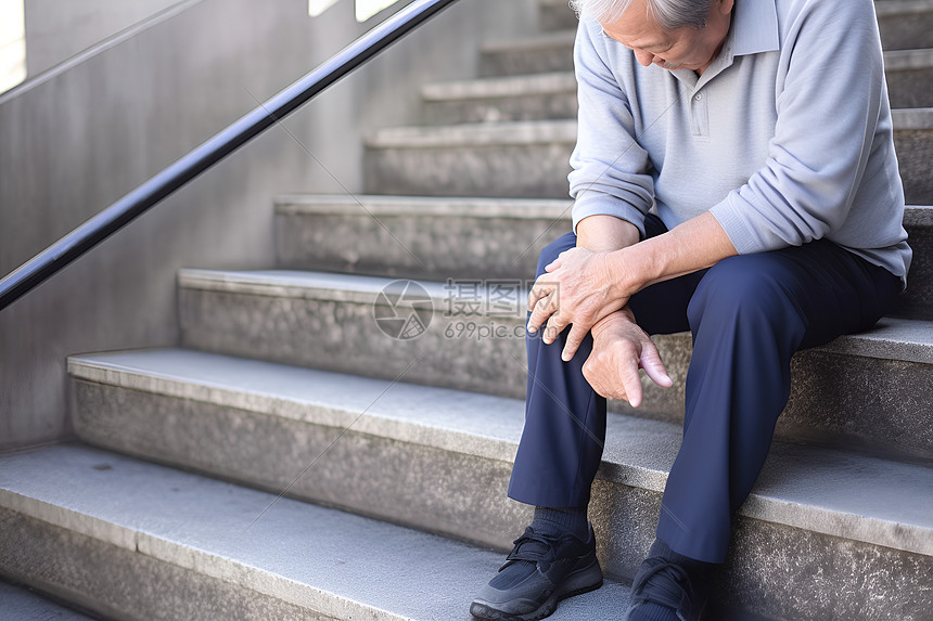 坐在楼梯上的老年男性图片