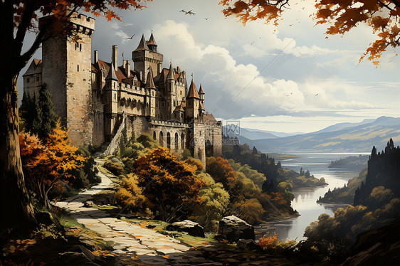 梦幻的秋季城堡油画插图图片