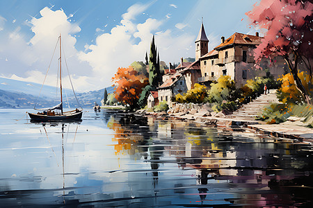河畔渔船的油画插图图片