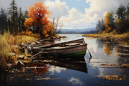 秋季色彩的湖畔景观插图背景图片