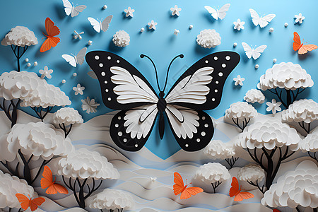 3D剪纸风的梦幻蝴蝶车图背景图片