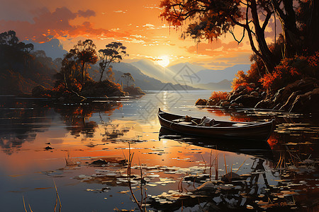 夕阳映照着河畔背景图片