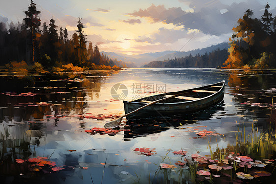 夕阳下的湖泊小船图片