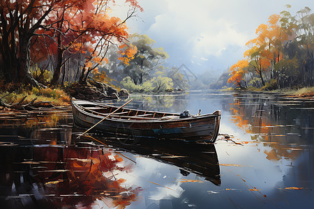 河畔渔船的油画图片
