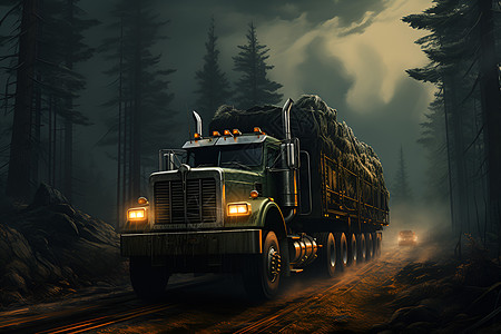 夜幕下山谷中的运输卡车图片