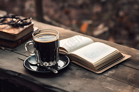 木桌上的咖啡和书籍图片