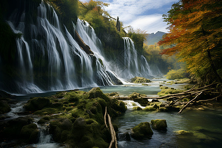 秋季丛林瀑布的美丽景观图片
