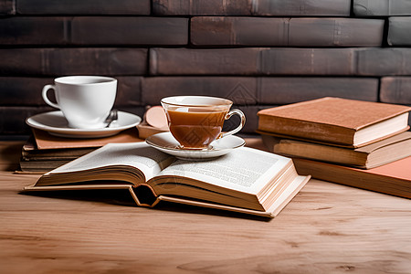 桌子上的书本和咖啡图片
