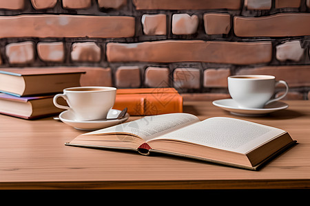 木桌上的书本和咖啡图片