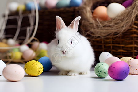 复活节分行地板上的彩蛋和小兔子背景