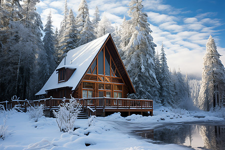 白雪覆盖的森林小屋背景图片