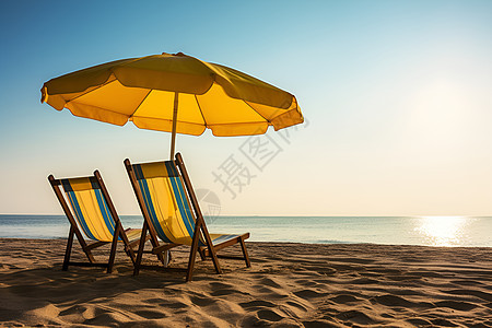 阳光下的海滩躺椅图片