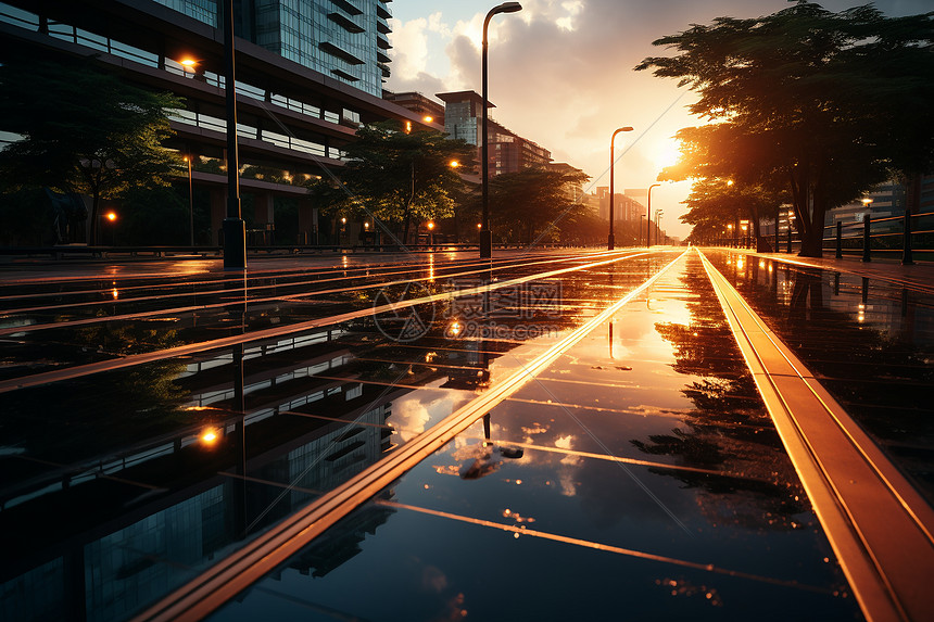 清晨城市道路上的太阳能光伏板图片