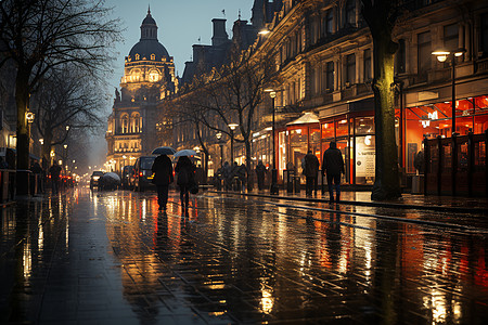 夜晚雨中的繁华街景图片