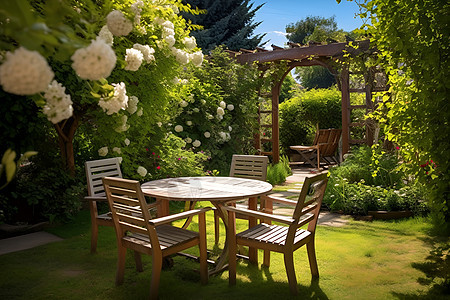 庭院花园里的桌椅背景图片