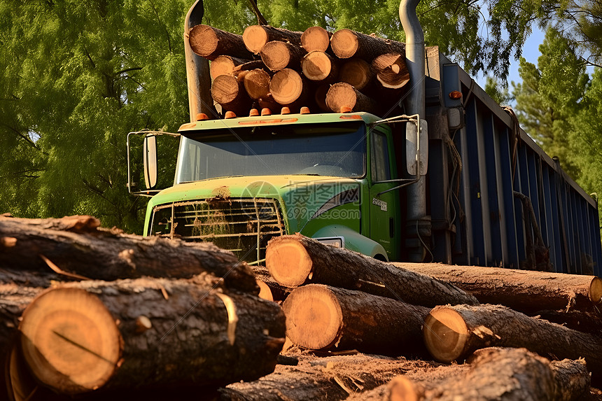 林中运载木材的卡车图片