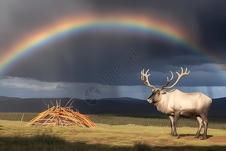 彩虹下的麋鹿背景图片