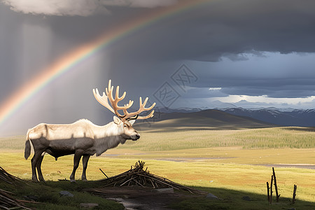 彩虹下的巨角麋鹿图片
