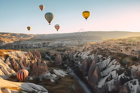 山谷上飞行的热气球背景图片