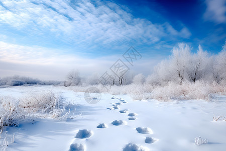 积雪树林里的脚印背景图片