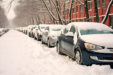 雪汽车雪中停放的一排车辆背景