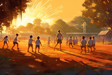 夕阳下踢足球的老师和学生背景图片
