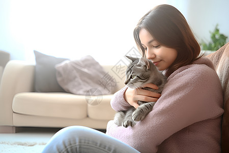 下女士微笑地抱着猫坐在沙发上高清图片