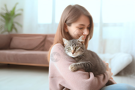 女士抱着猫咪图片