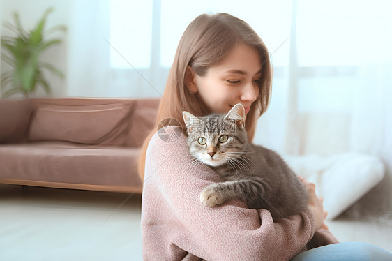 女士抱着猫咪图片