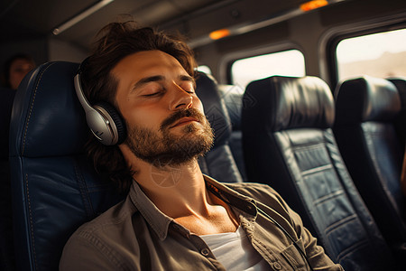 男人戴着耳机在汽车上睡觉图片